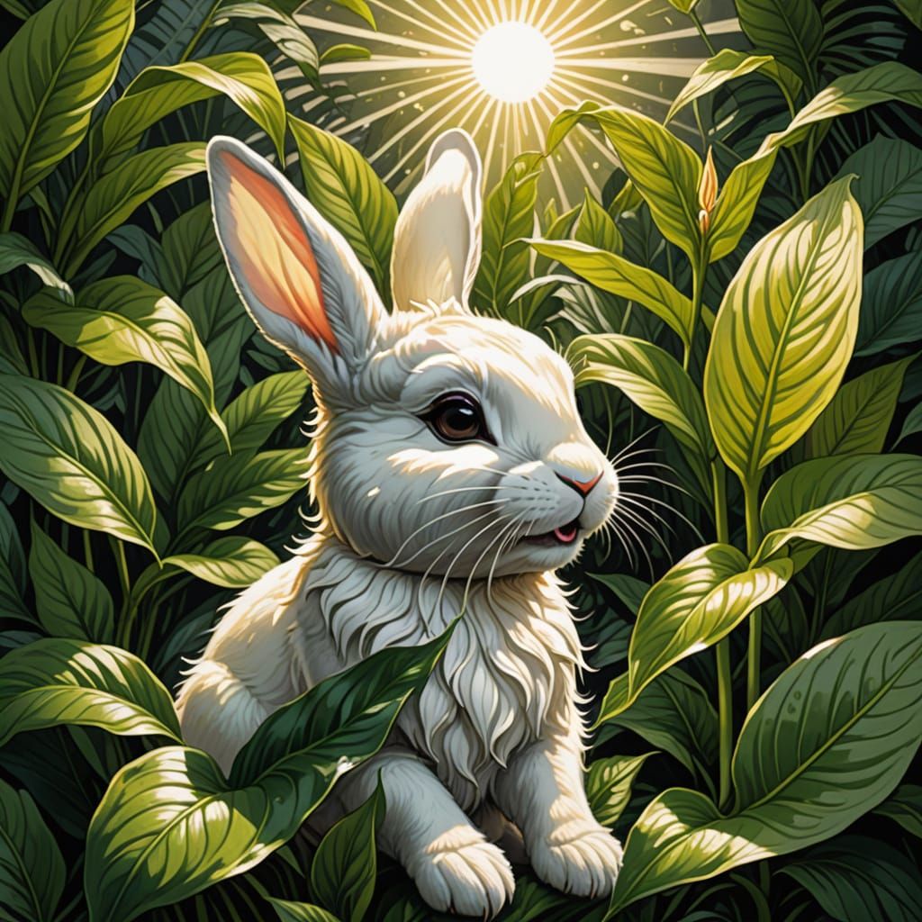 Laughing Bunny with Peace Lily in Comic Art Style