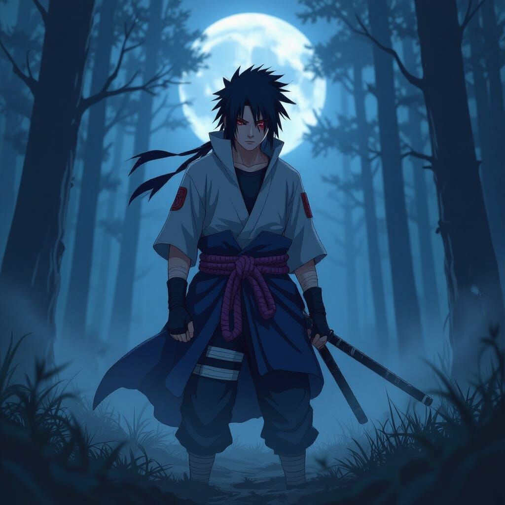 Sasuke Uchiha in Moonlit Forest, Anime Style