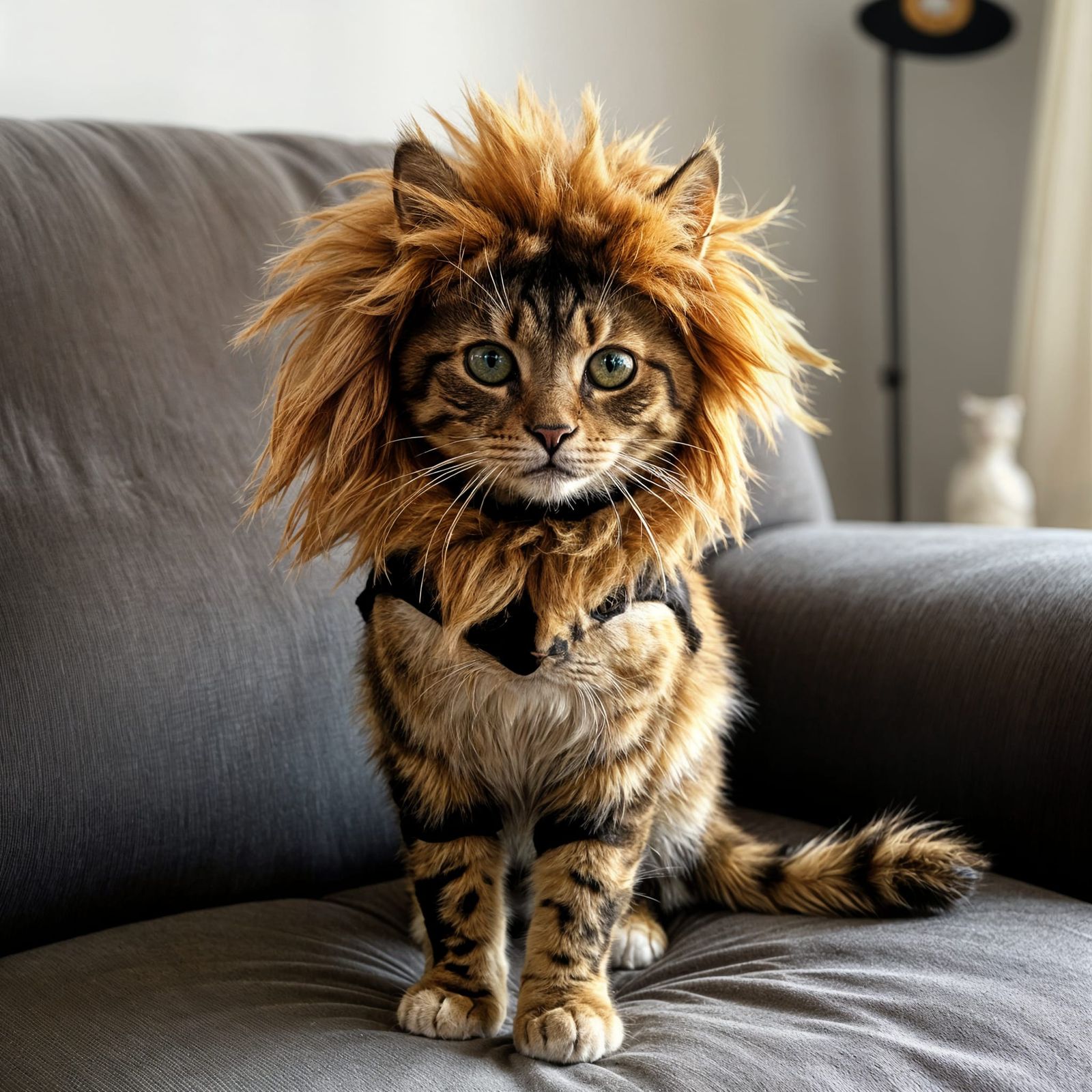 Cat in Lion Costume on Couch Back