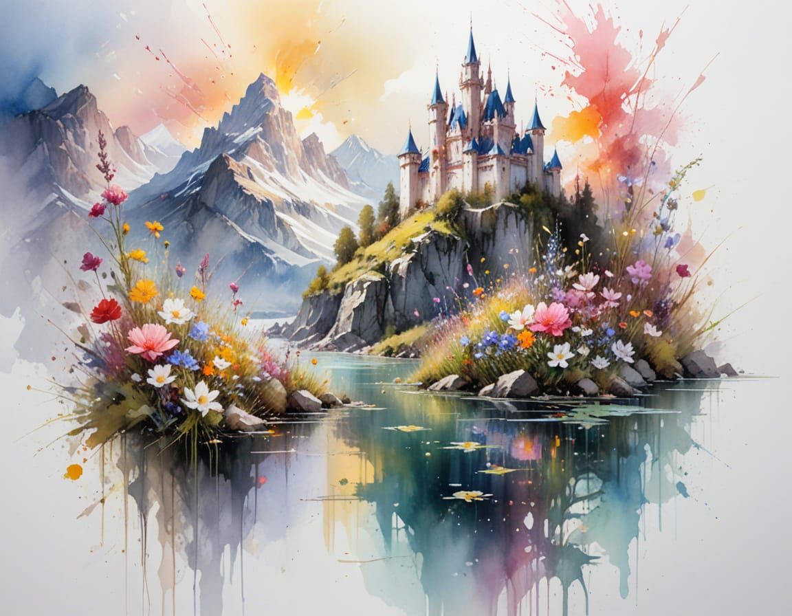 Adorable Castle on Sunlit Mountain Lake with Wildflowers