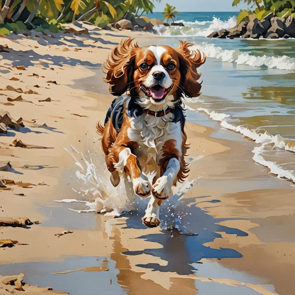 Cavalier King Charles Spaniel: Gouache-Style Beach Run