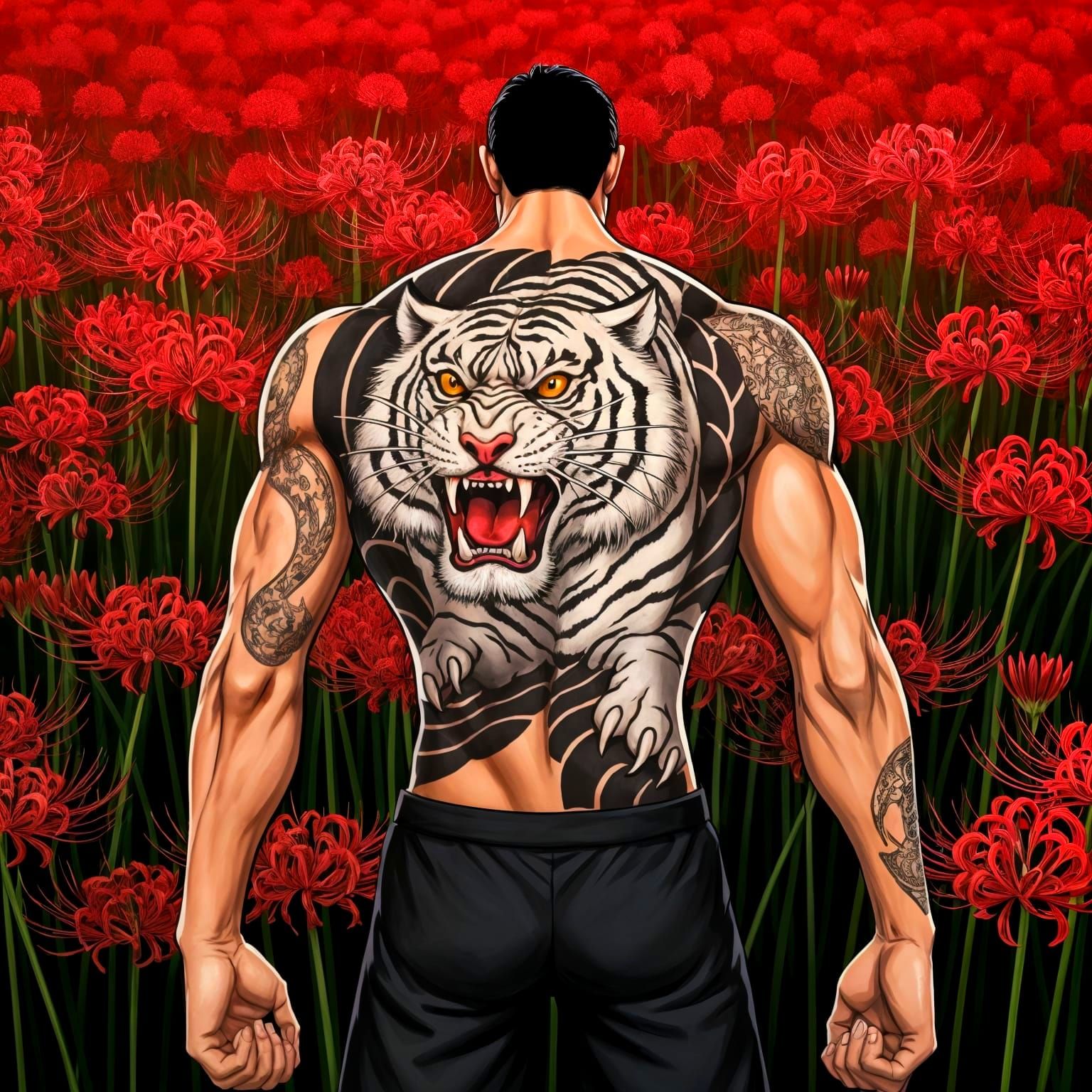 Muscular Yakuza Man with Tiger Tattoo, Red Spider Lilies