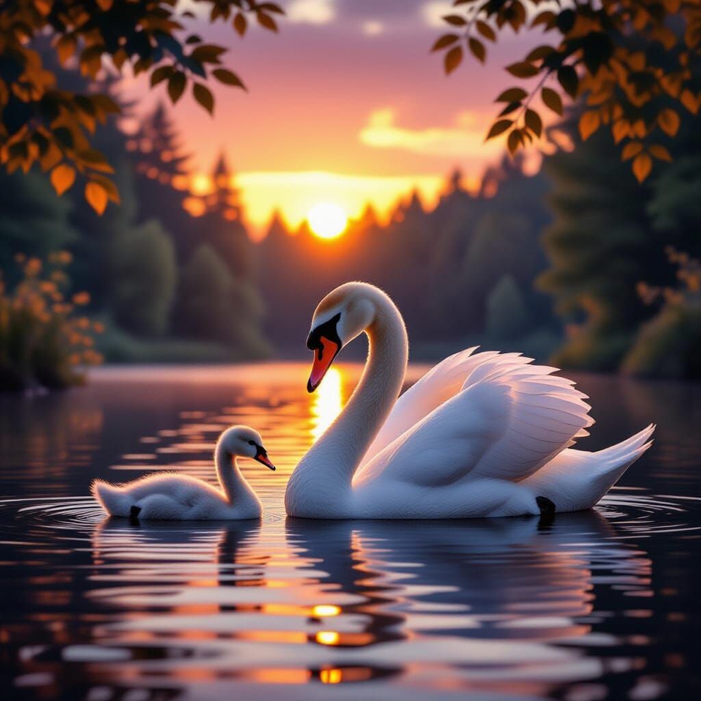 Swan Tends to Cygnets on Serene Lake at Sunset