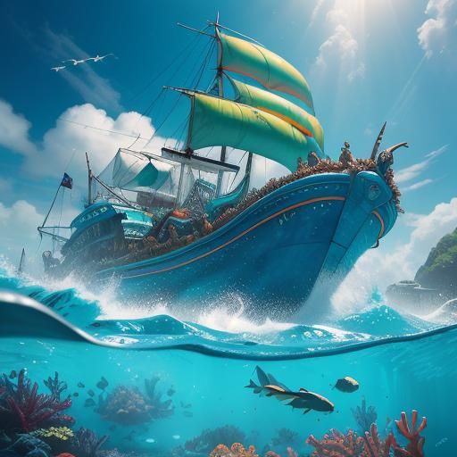 Giantess Surfing a Wave as a Tropical Painting