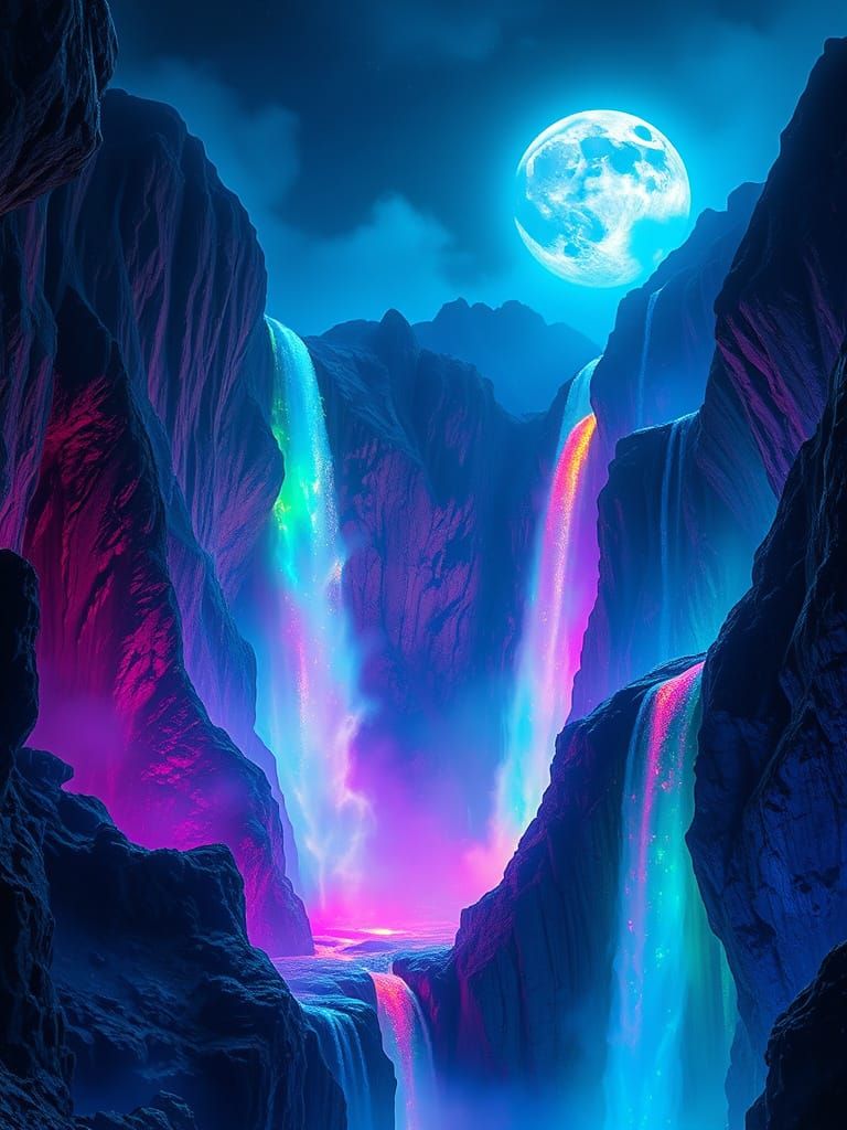 Hyperrealistic Waterfalls in Neon Hues at Night