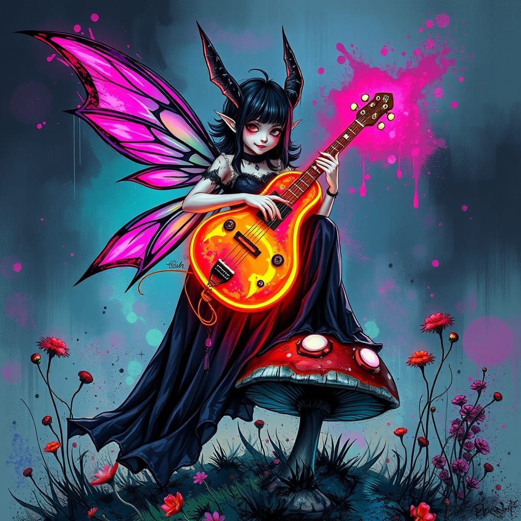 Gothic Fairy Playing Glowing Instrument with Polychromatic S...