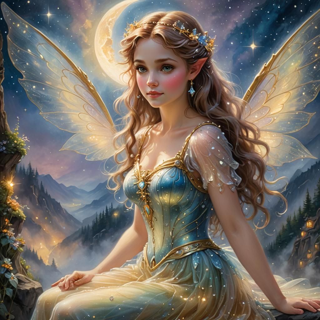 Fairy on Moonbeam in Ethereal Oil Painting