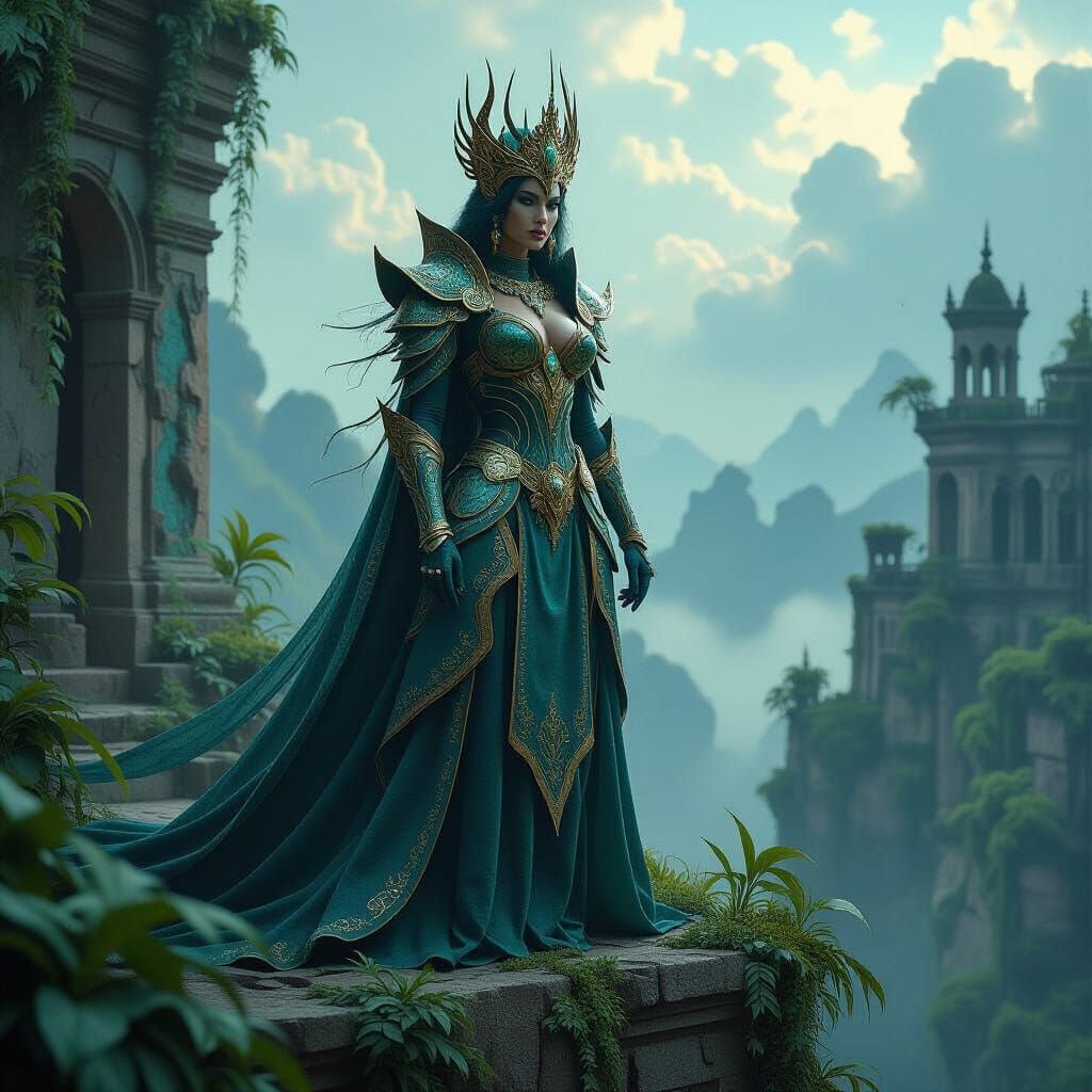 Queen in Bioluminescent Armor Overlooking Alien Jungle