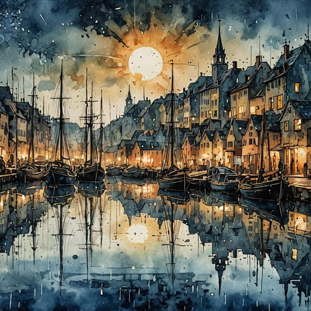 Sunset Harbor: Detailed Ink and Watercolor Art