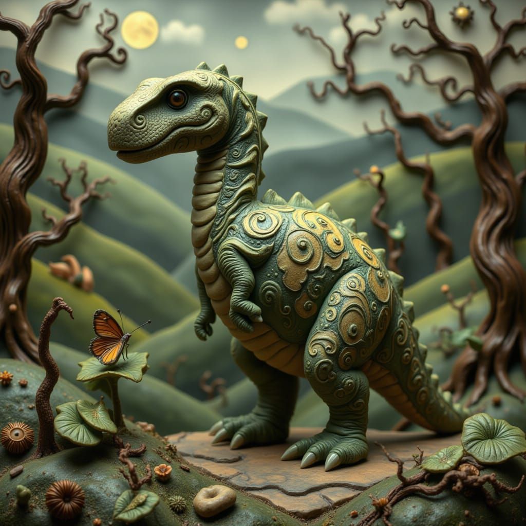 T-Rex and Butterfly in Painterly Style