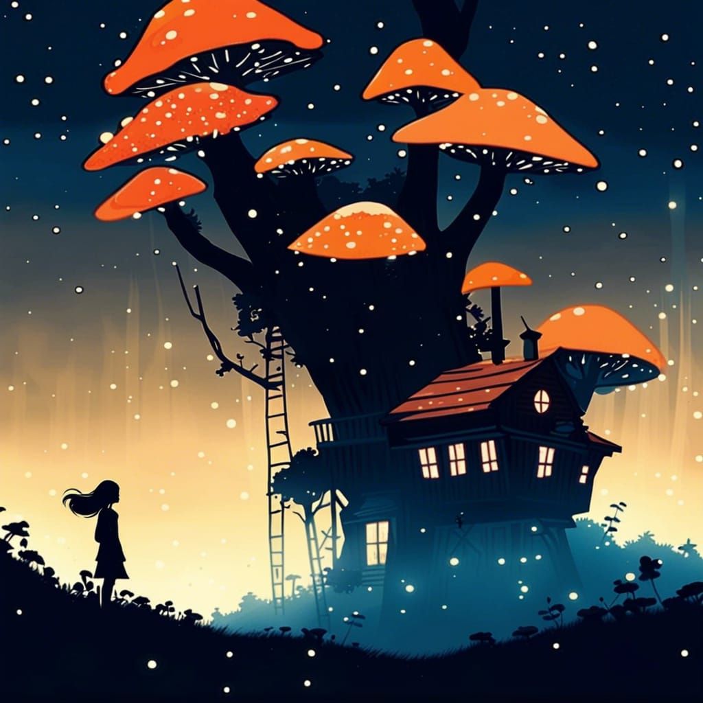 Magical Forest with Glowing Mushrooms and Treehouse