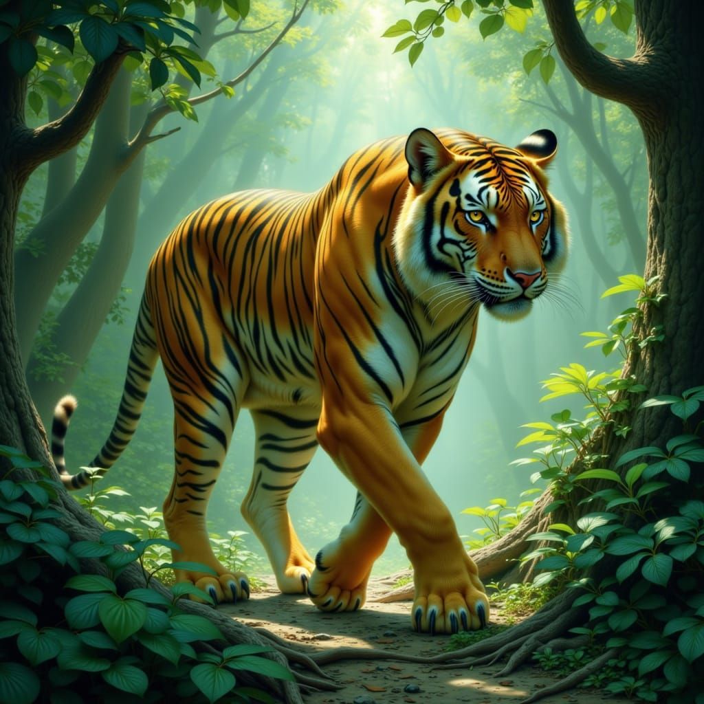Majestic Tiger in Misty Jungle, Hyperrealistic Digital Paint...