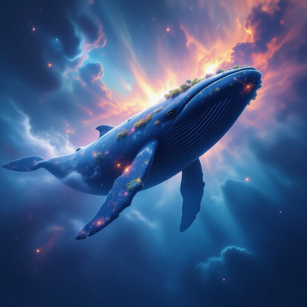 Cosmic Whale Breaching Nebulae in Hyperrealistic Style