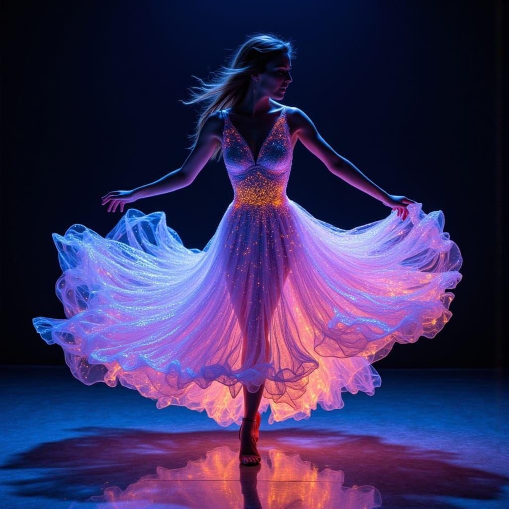 Bioluminescent Dancer in Flowing Iridescent Dress