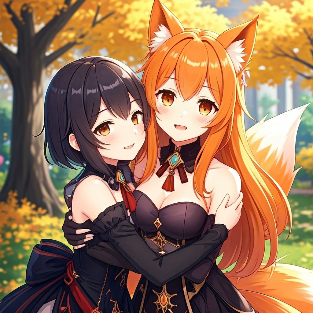 Anime Style: Woman with Fox Features Hugs Woman in Park