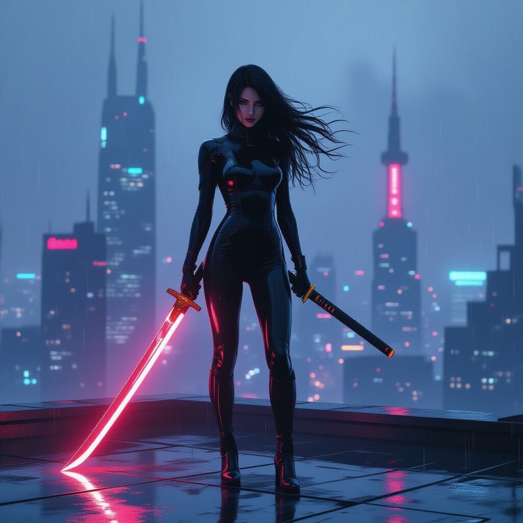 Cyberpunk Warrior on Neon Rooftop