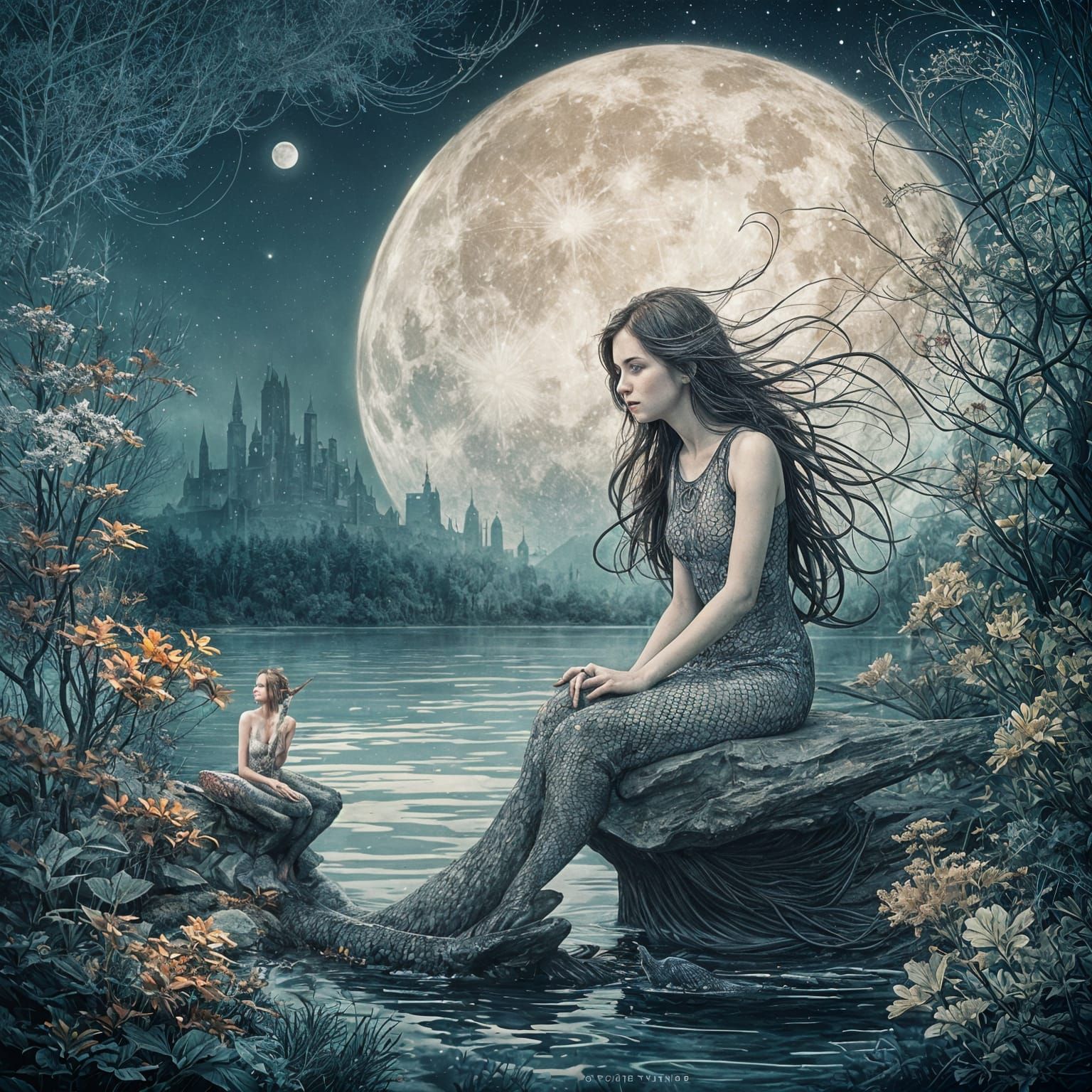 Ethereal Mermaid at Night under a Full Blue Moon