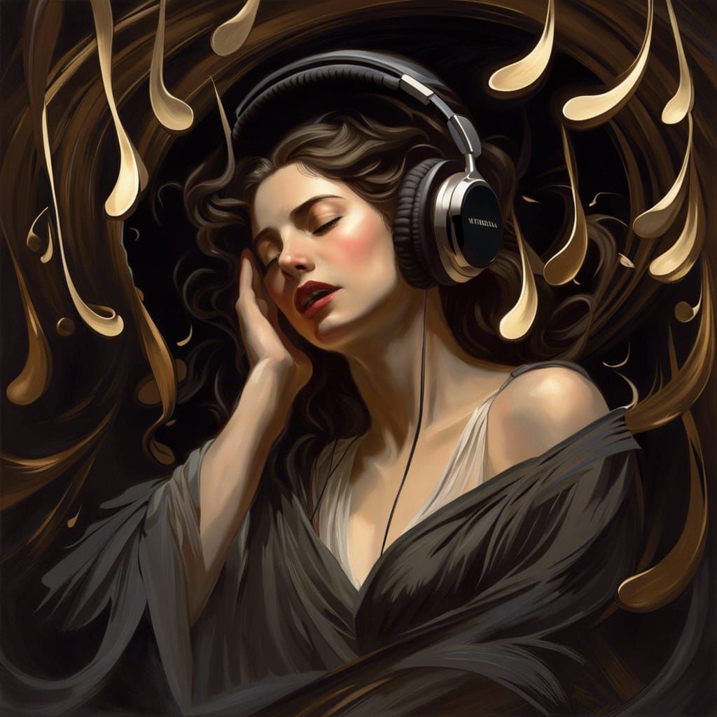 Weeping Woman with Headphones in Dark Academia Style