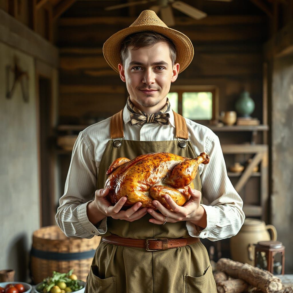 Person with Chicken in Rockwell-esque Farm Scene