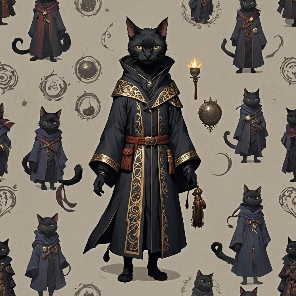 Anthropomorphic Black Cat Mage in Robes