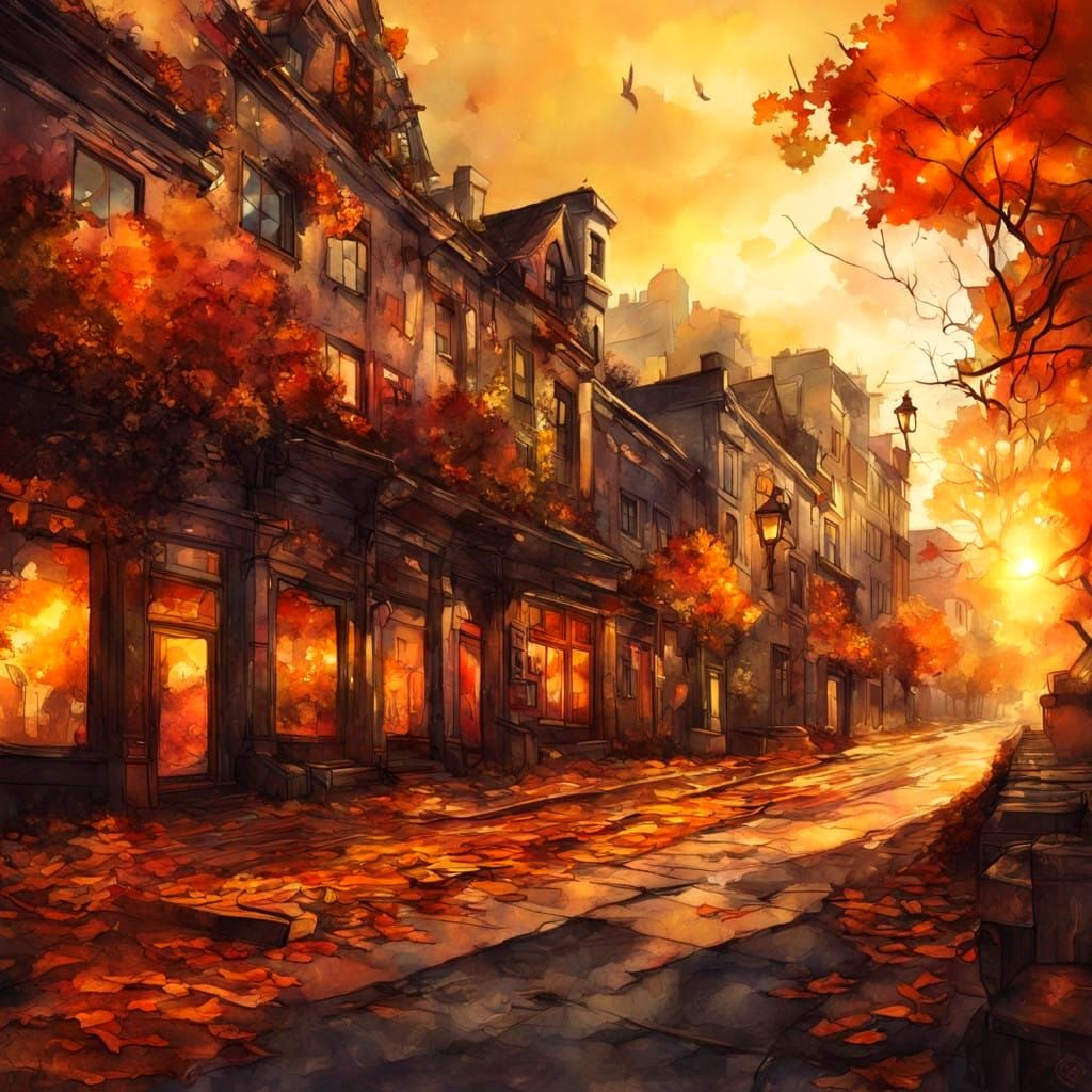 Steampunk Autumn Street Scene in Ink and Vintage Color