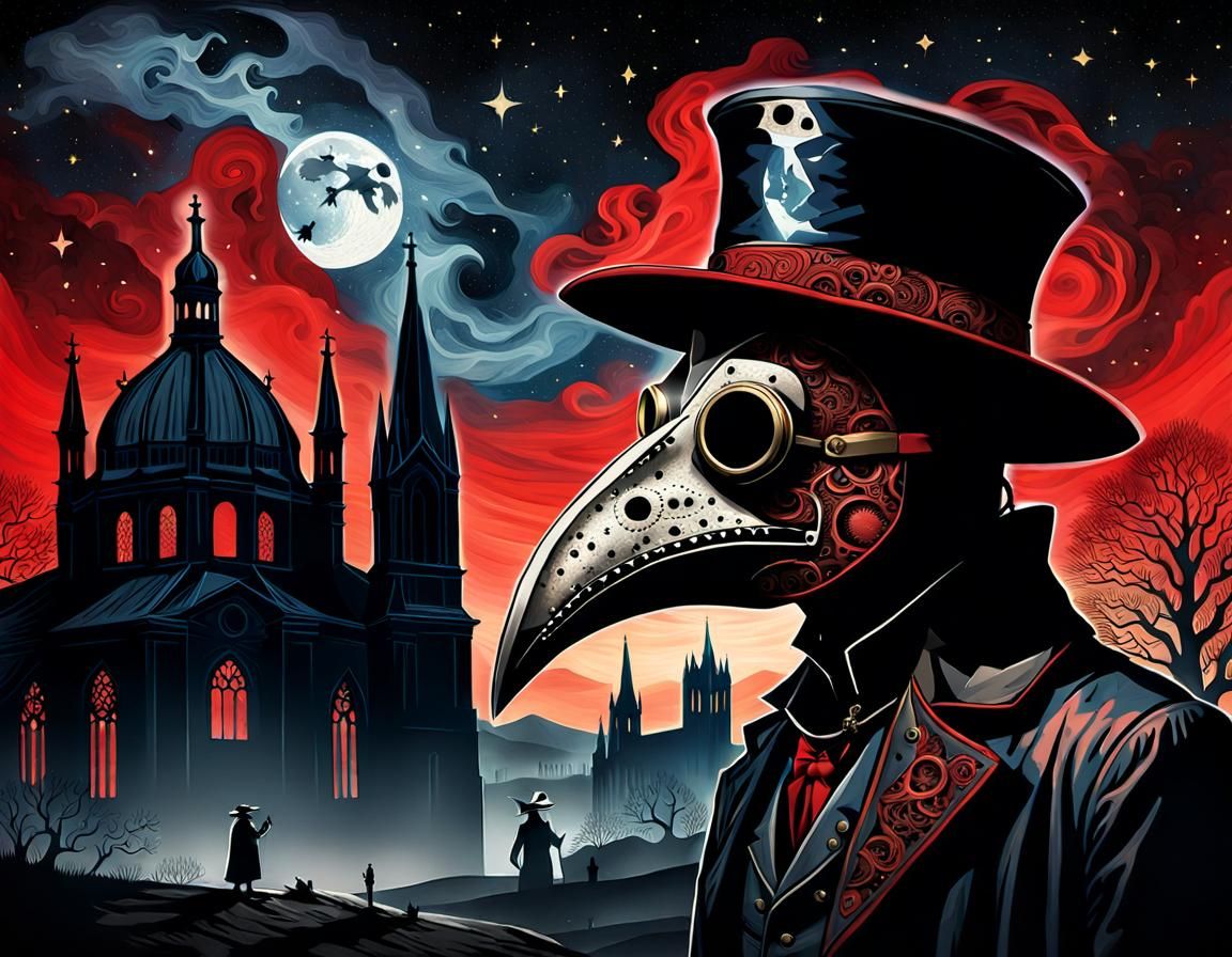 Plague doctor on medieval streets around 1400 with plague ma...