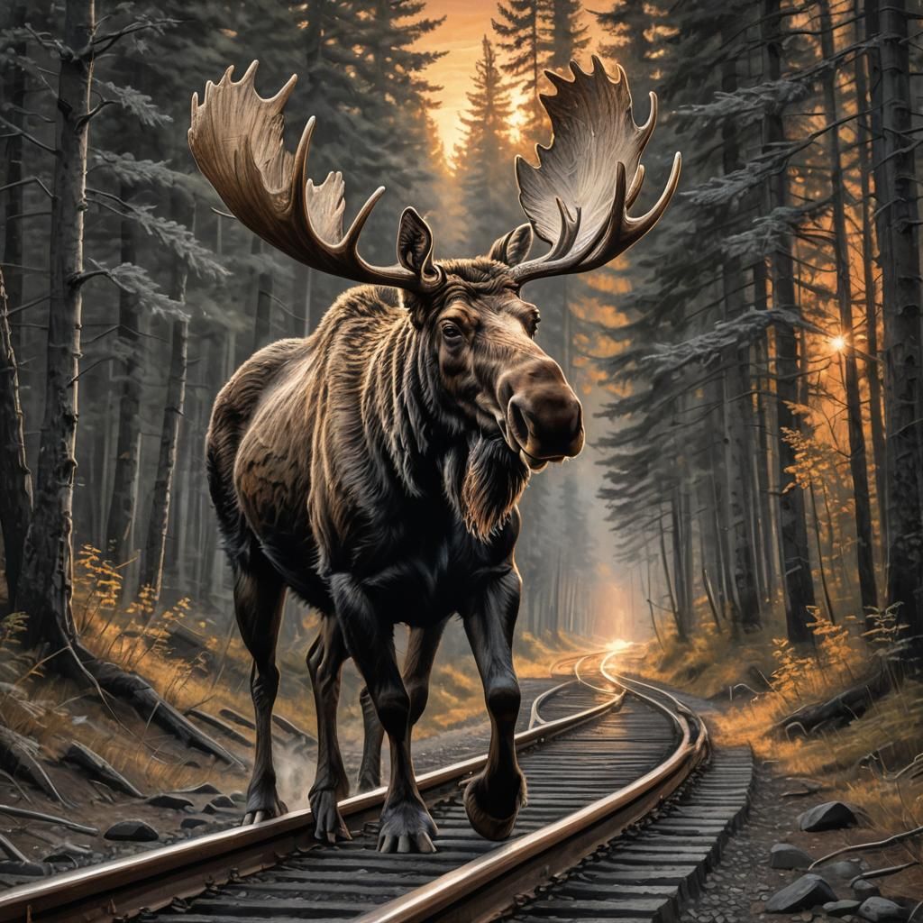 Moose on Train Tracks: Realistic Charcoal Art