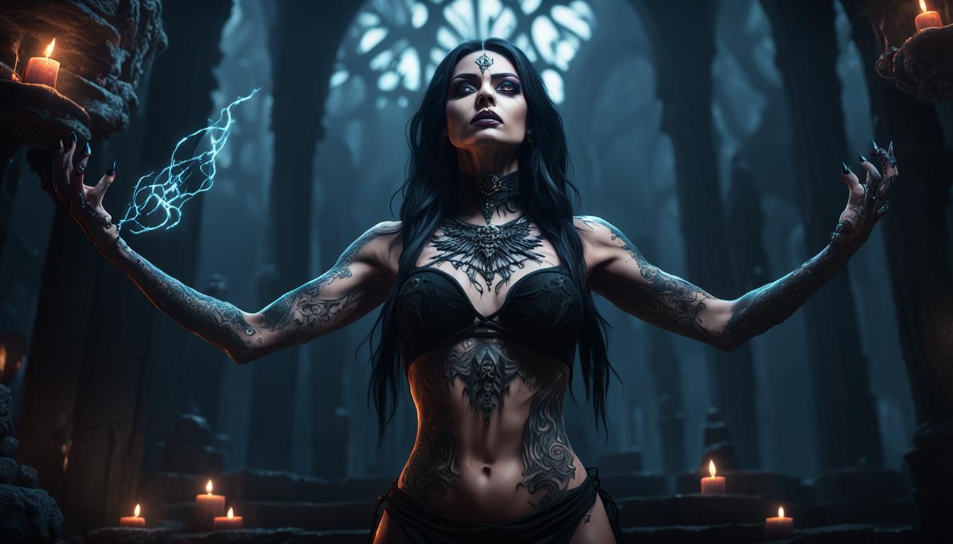 Mysterious Brunette Necromancer Invocation in Dark Fantasy S...