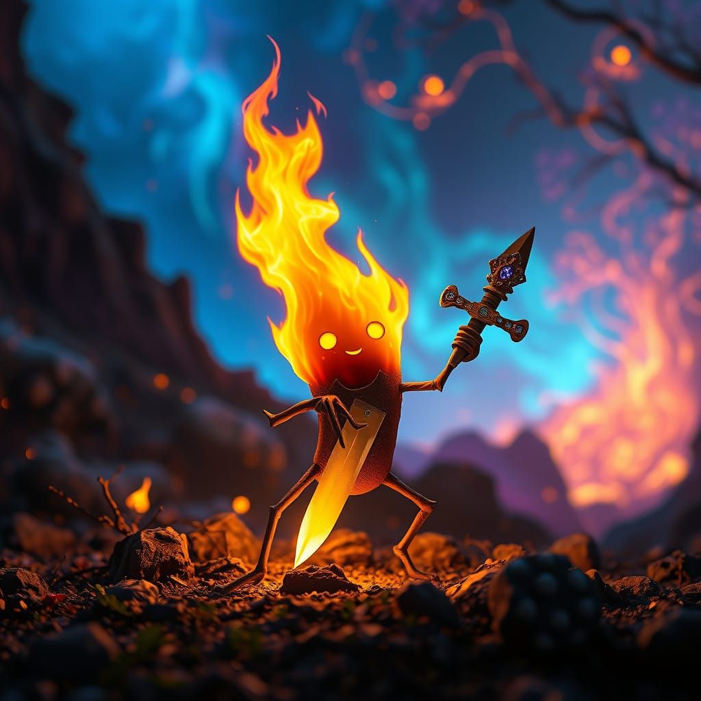 Luminescent Campfire Warrior in Neon Dreamscape