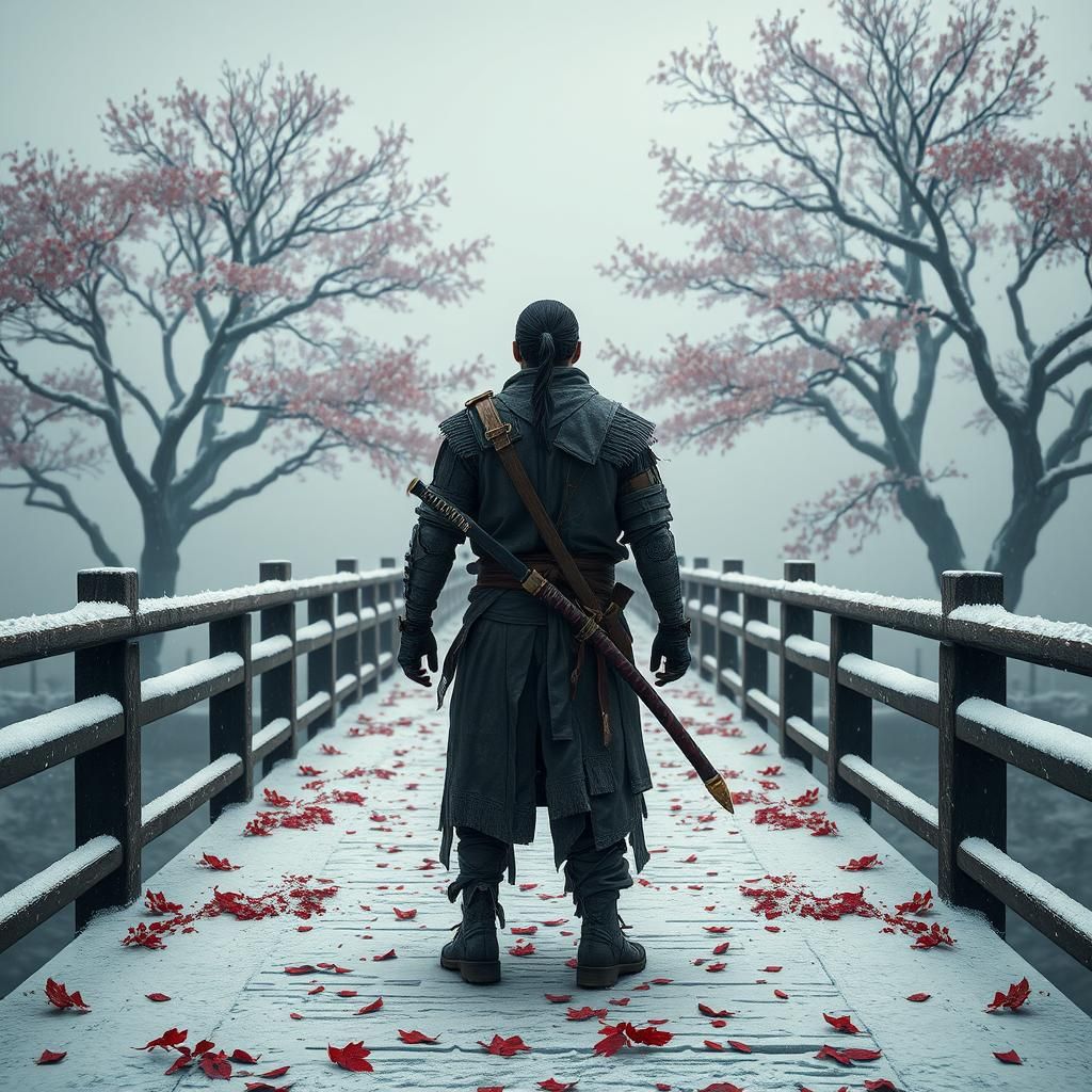 Photorealistic Ninja on Snowy Bridge in Japan