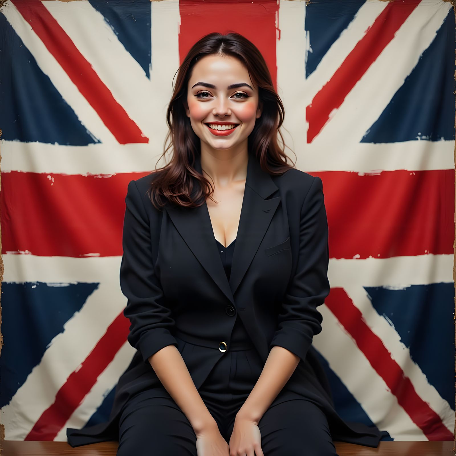 Young Woman in Union Jack Elegance