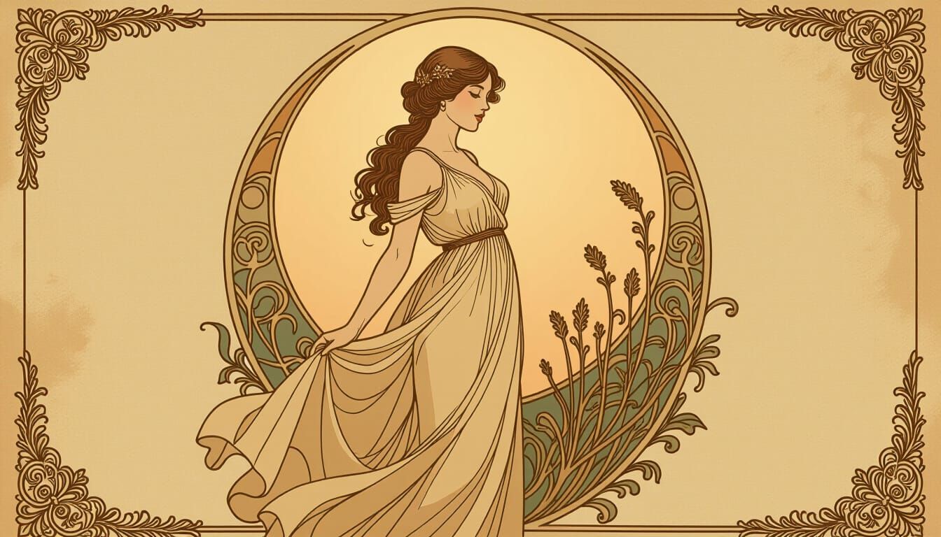 Woman in Sepia Sketch with Art Nouveau Elements