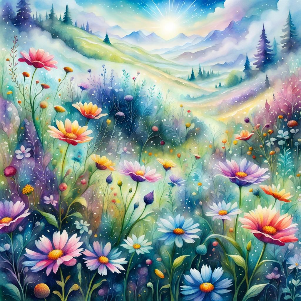 Whimsical Cosmic Garden Blooms in Vibrant Watercolor