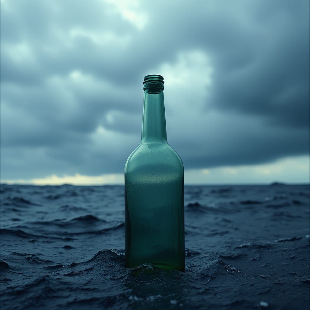 Empty Bottle Adrift on Stormy Sea