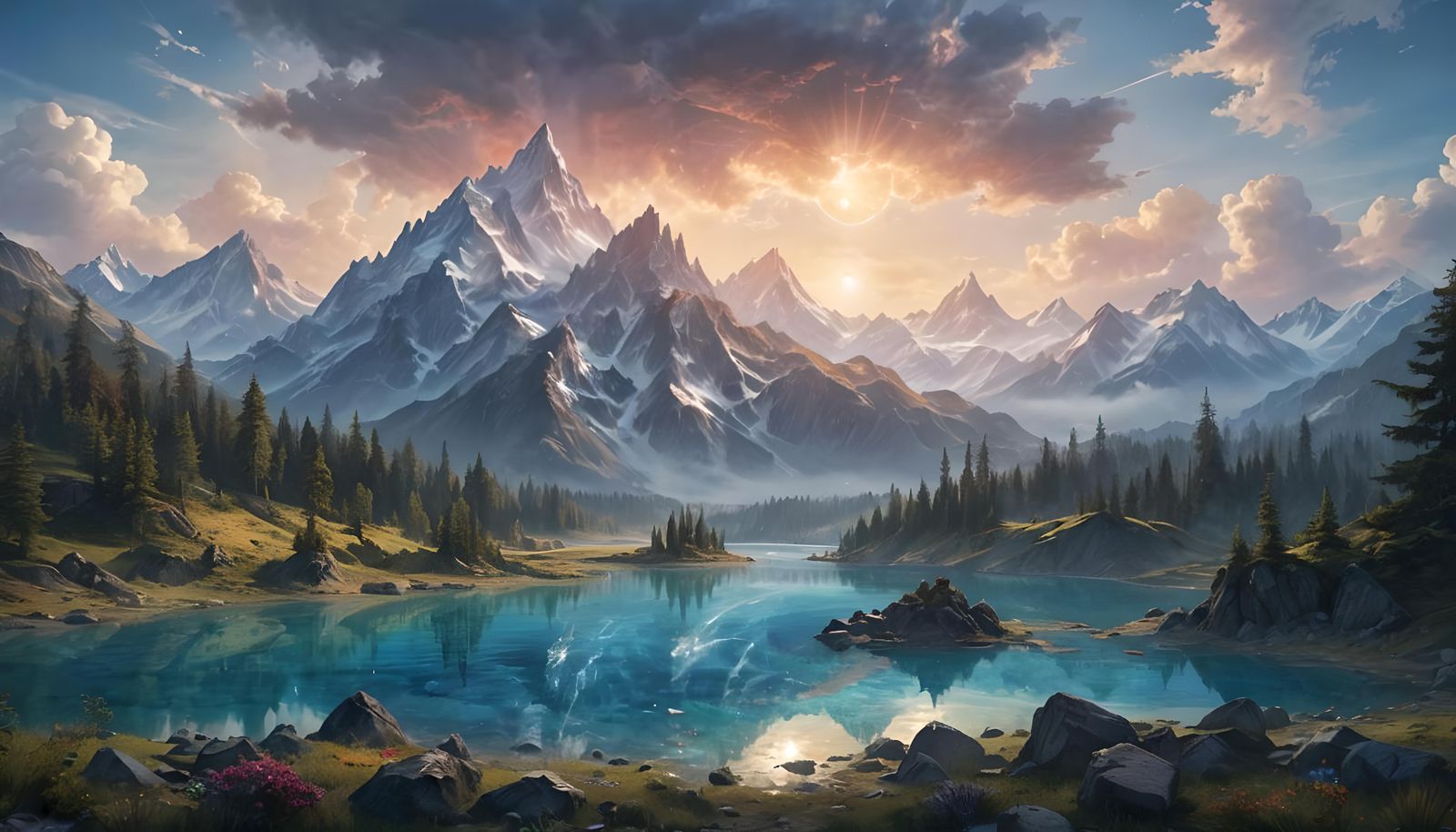 Epic Fantasy Mountain Range Reflected in Blue Lake