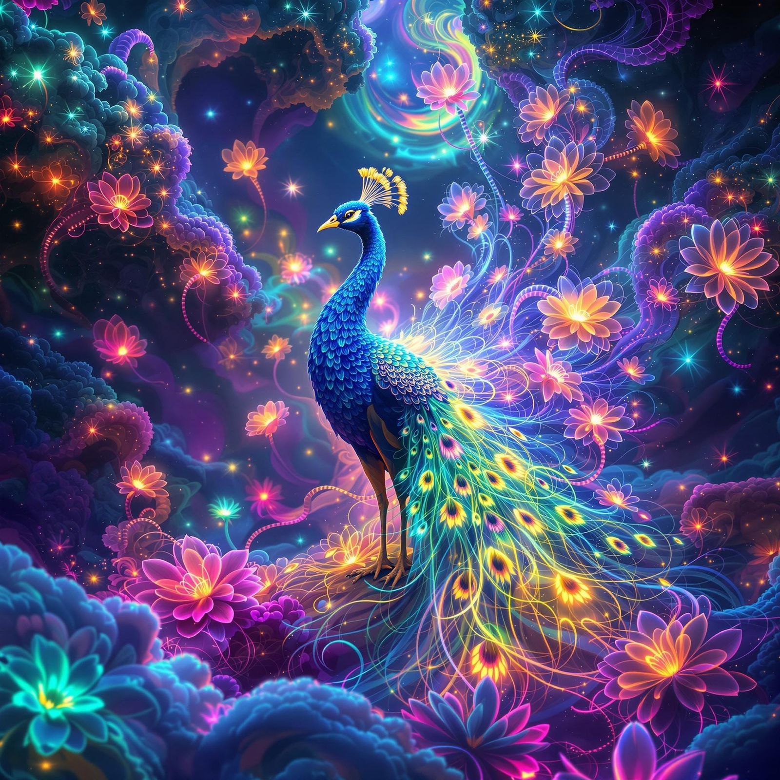 Fractal Dreamscape Peacock with Iridescent Feathers