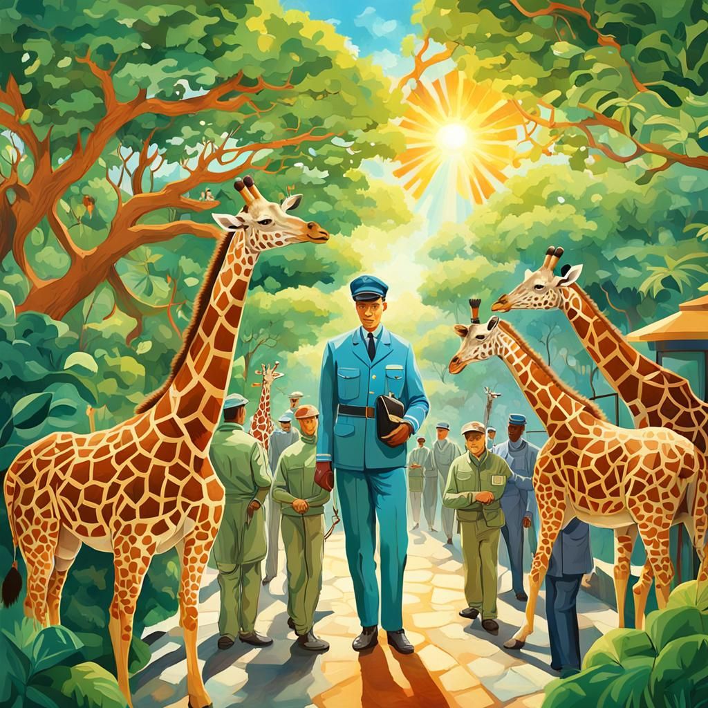 Surreal Giraffe Zookeeper Leads Zoo Animals