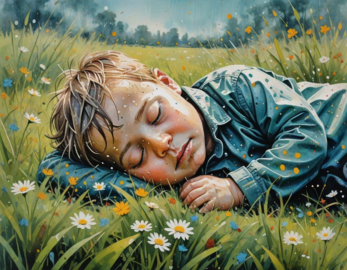 Whimsical Wet Acrylic Painting of Sleeping Baby Boy in Meado...