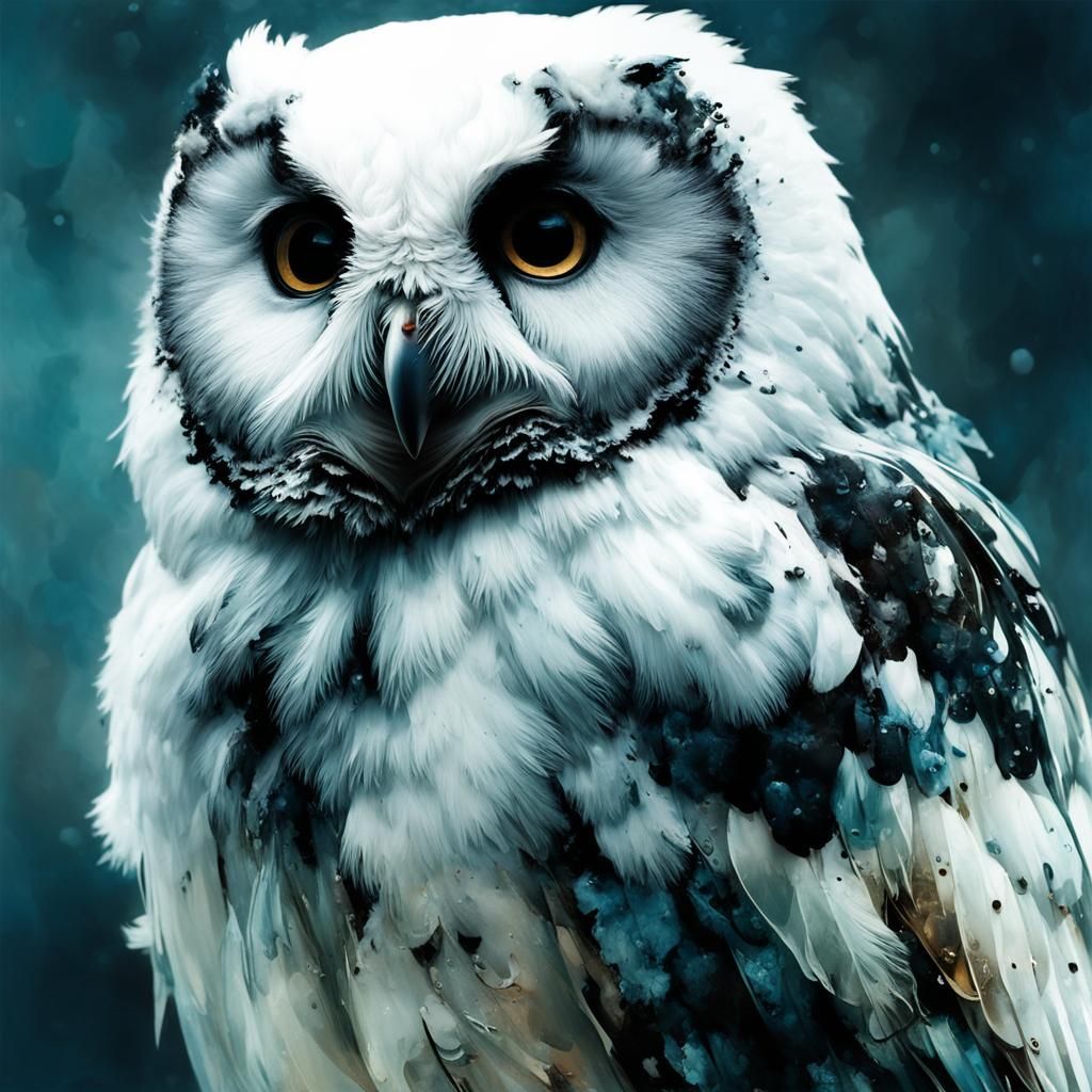 Adorable White Owl Portrait in Inkblot Style