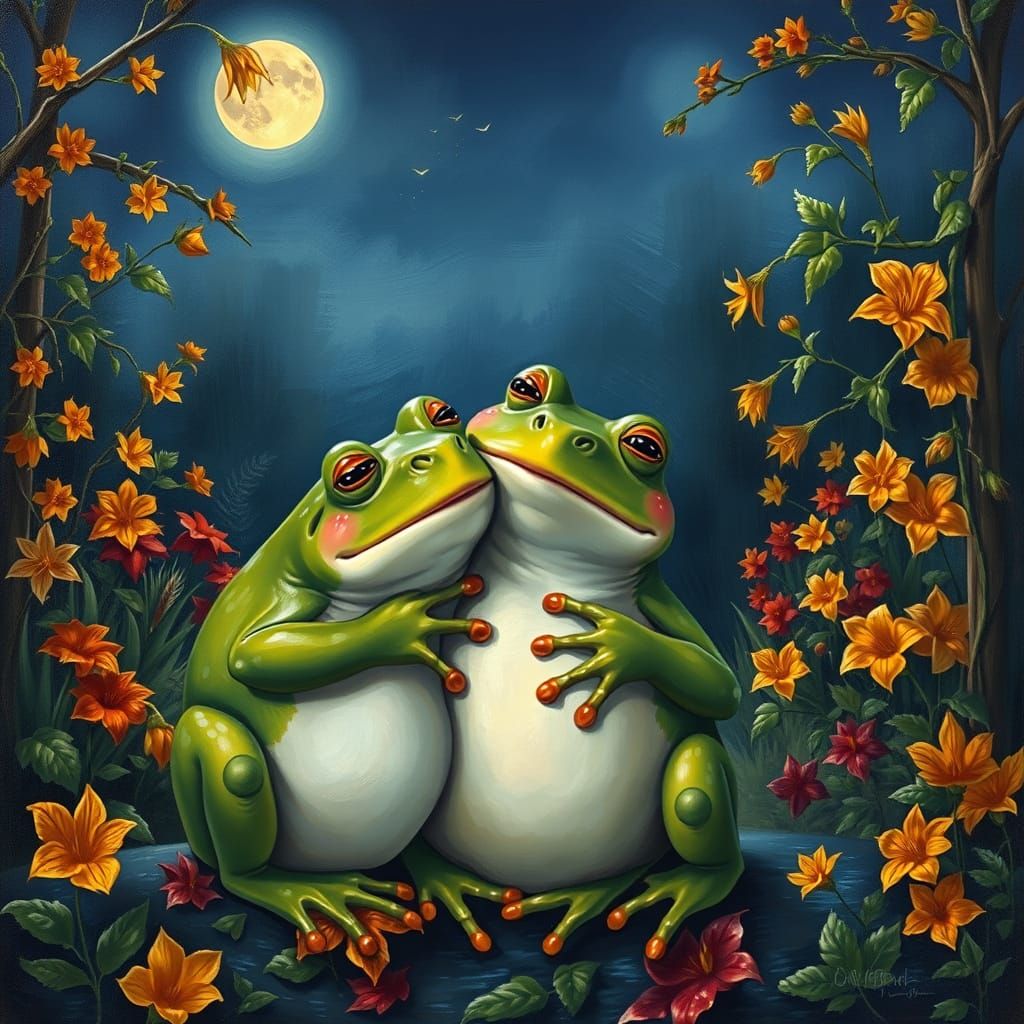 A captivating IMAGE of two affectionate green frogs in a ten...