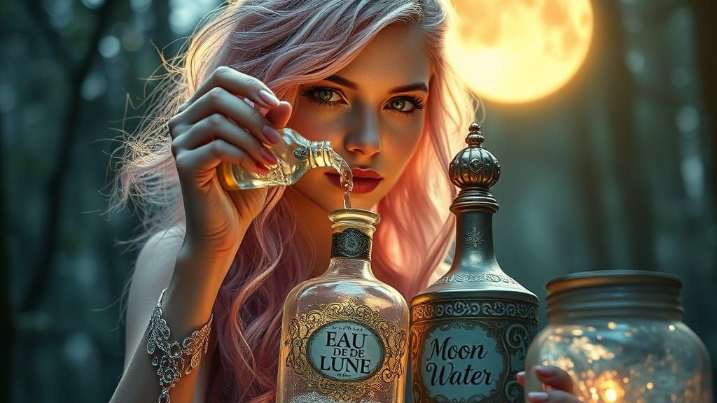 Moonlit Goddess with Iridescent Eyes and Gilded Flacon