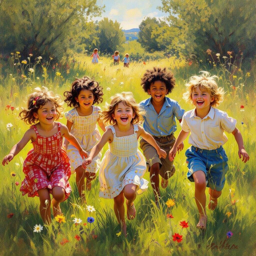 Joyful Children in Sunlit Meadow Oil Painting