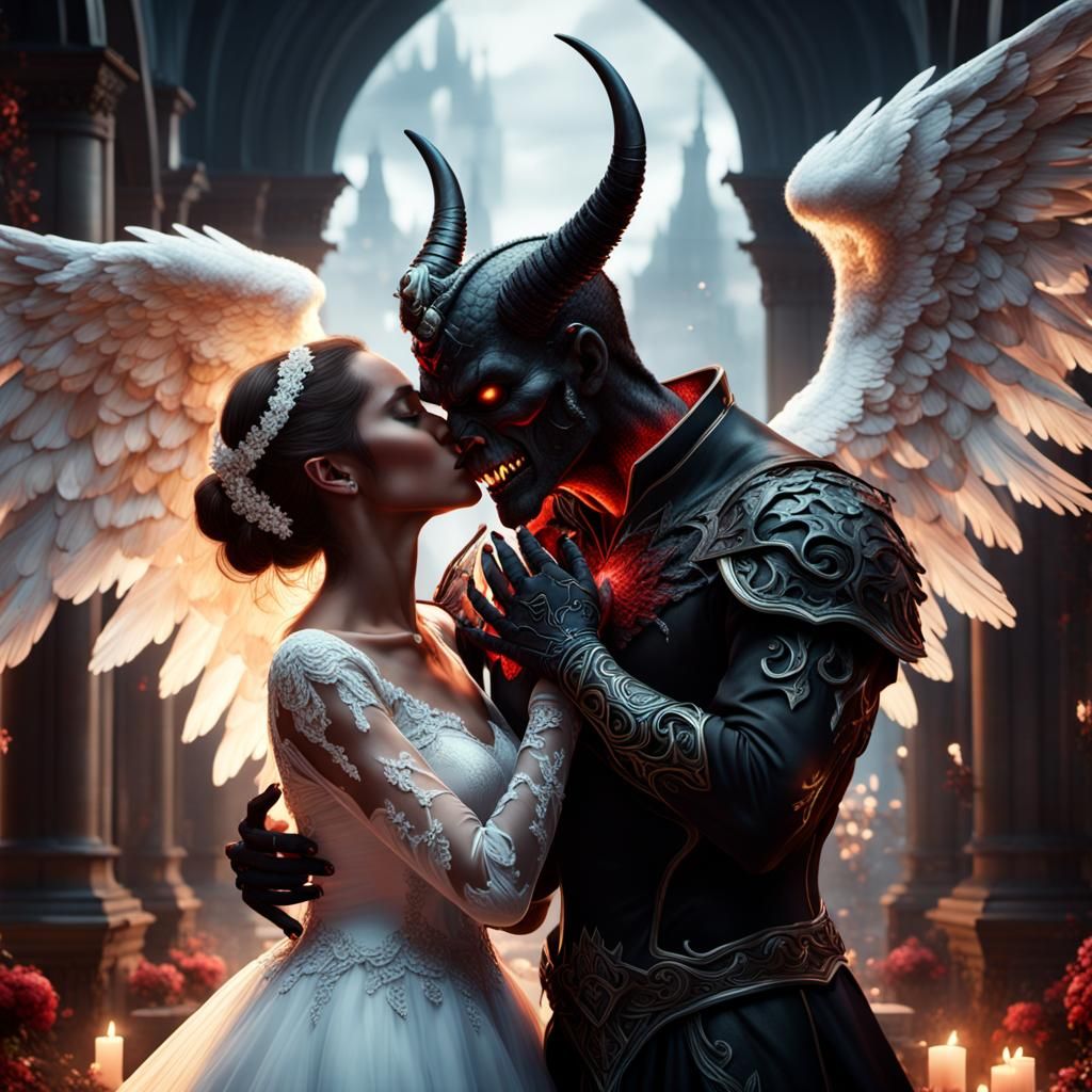 Angel and Demon Wedding Kiss: Detailed Matte Painting