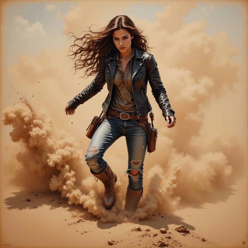 Cowgirl Slides on Dusty Terrain, Digital Art