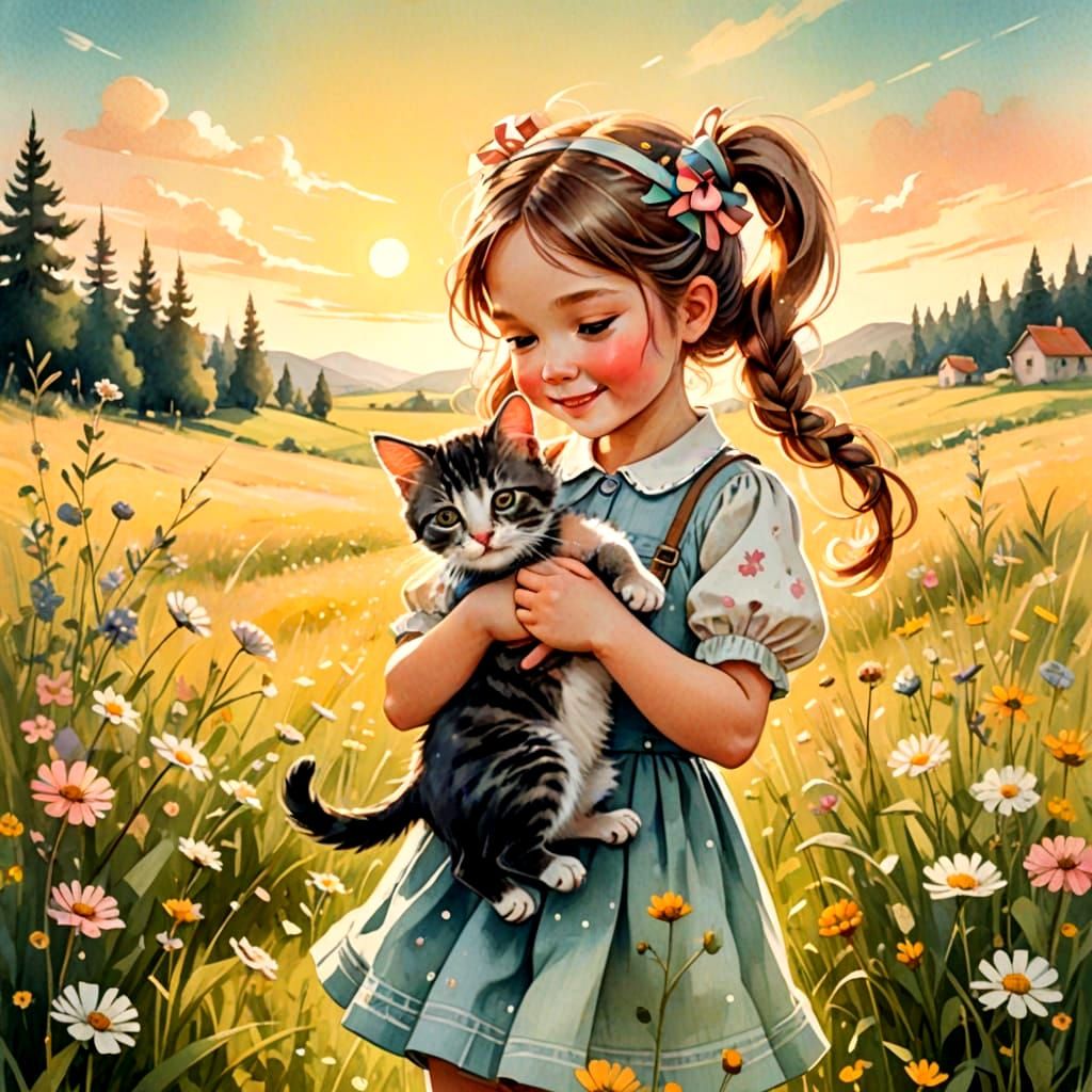 Retro Country Girl Surrounded by Whimsy