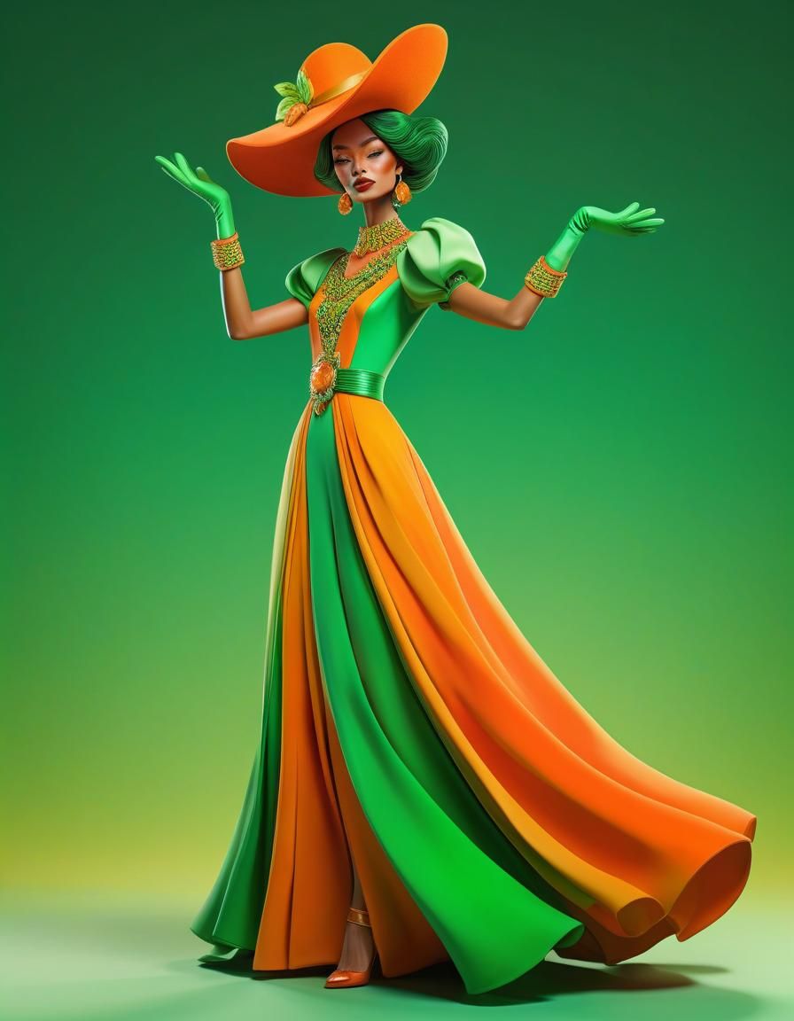 Surreal Cartoon Woman in Orange and Green Gown