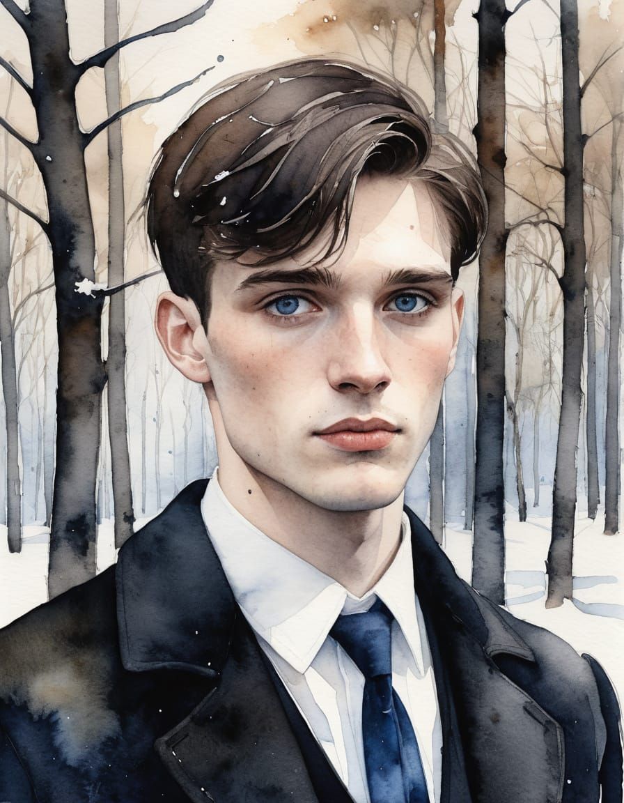Elegant Young Man Portrait in Dark Academia Watercolor