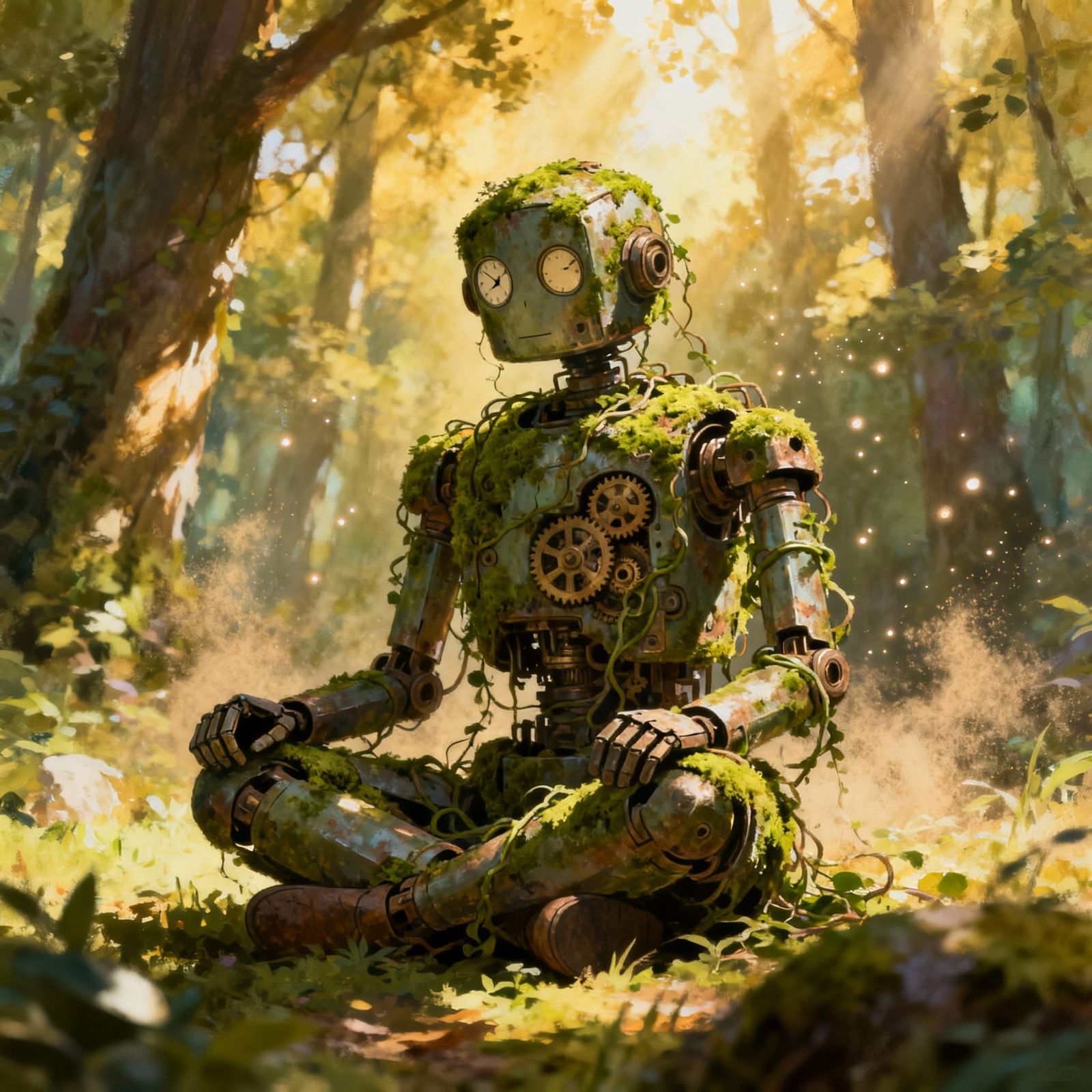 Moss-Covered Automaton in Sun-Dappled Forest Clearing