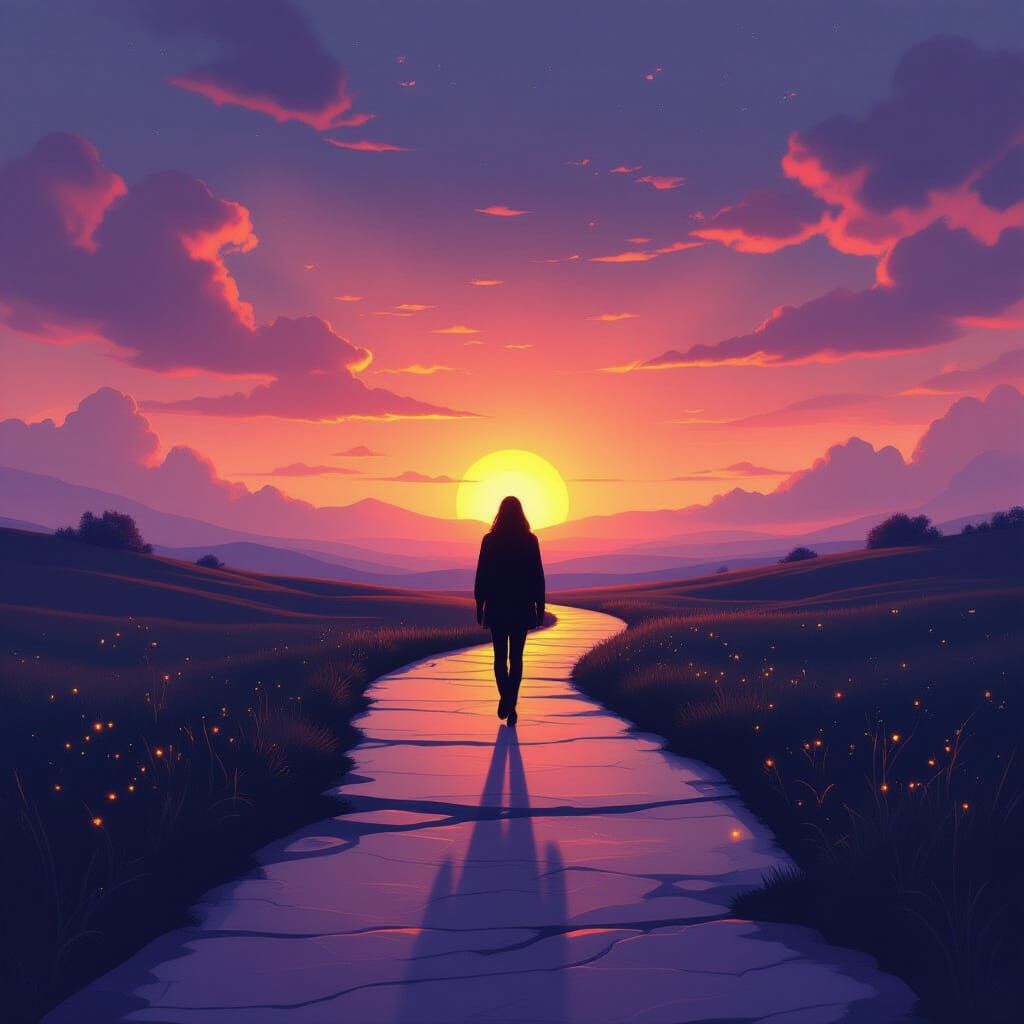 Silhouette on Glowing Path to Vibrant Horizon