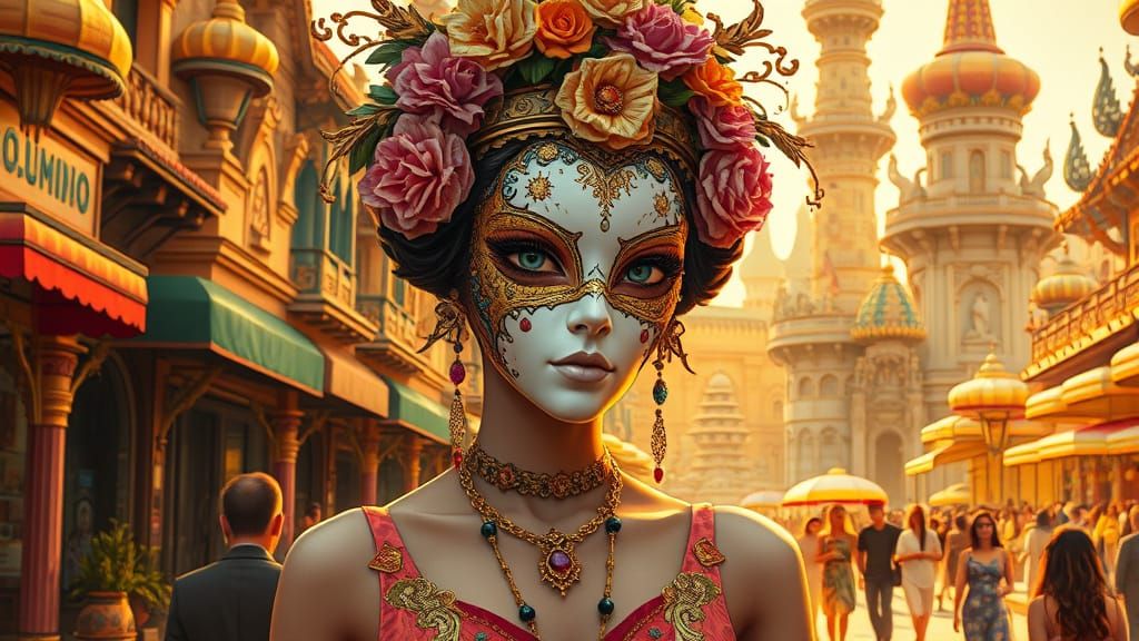 Woman in Ornate Mask in Vibrant Festival City